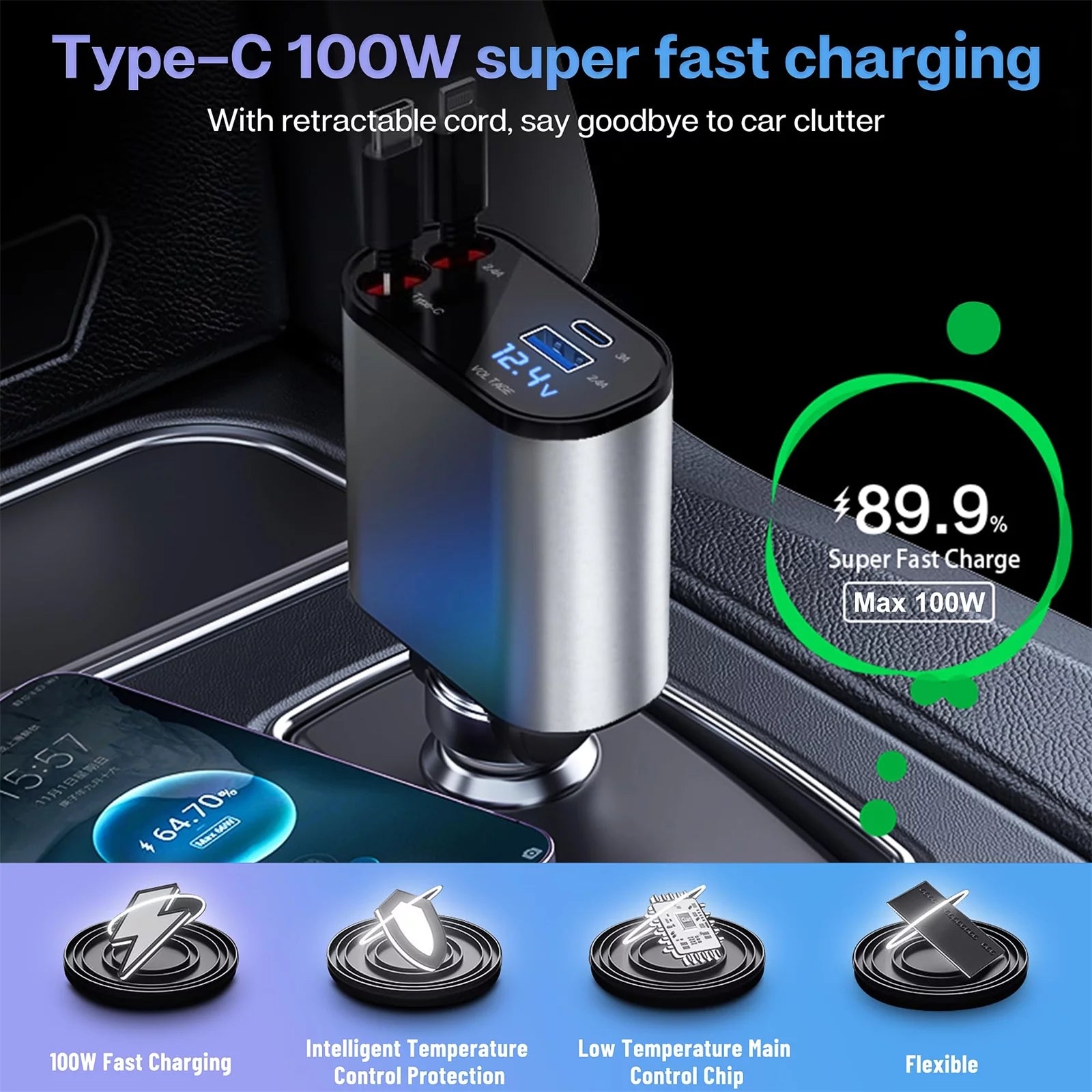 4 in 1 Retractable Fast Car Charger, Iphone and Type C Cable and 2 Charging Ports Car Charger Adapter