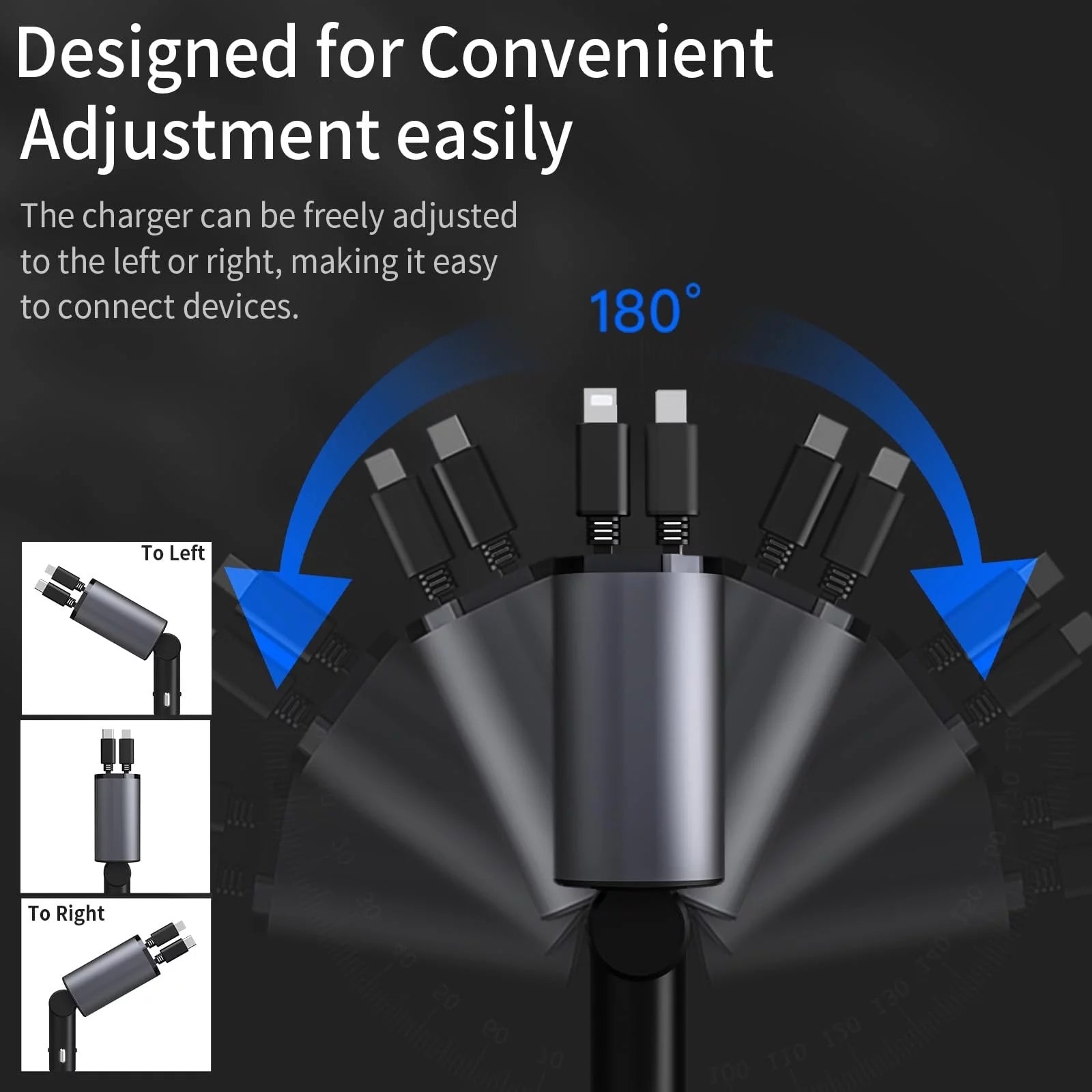 4 in 1 Retractable Fast Car Charger, Iphone and Type C Cable and 2 Charging Ports Car Charger Adapter